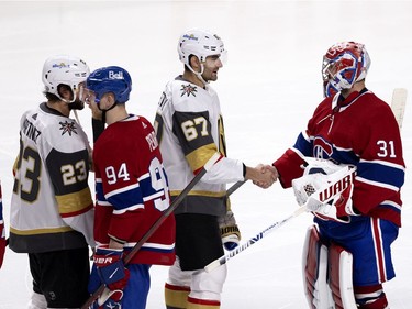 Vegas Golden Knights left wing Max Pacioretty (67) congratulates Carey Price (31) after the Habs defeated the Knights to advance to the Stanley Cup final during NHL semi final game 6  in Montreal on Thursday, June 24, 2021.