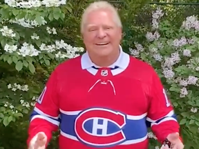 Doug Ford donned a Canadiens jersey to honour his bet with François Legault.