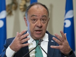 Quebec Health Minister Christian Dubé outlines the vaccination program during a news conference on the COVID-19 pandemic, Thursday, May 27, 2021 at the legislature in Quebec City.