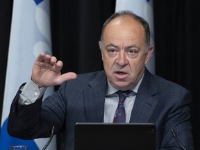 Quebec Health Minister Christian Dube responds to reporters during a news conference on the COVID-19 pandemic, Tuesday, June 1, 2021 at the legislature in Quebec City.
