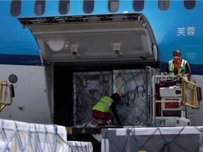 Workers unload a batch of AstraZeneca coronavirus disease (COVID-19) vaccines, delivered under the COVAX scheme, from a KLM Boeing 787 at Benito Juarez International Airport in Mexico City, Mexico May 27, 2021. REUTERS/Henny Romero