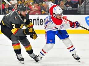 Montreal Canadiens right-wing Brendan Gallagher shoots in front of Vegas Golden Knights defenceman Alex Pietrangelo during the first period of Game 2 at T-Mobile Arena in Las Vegas on June 16, 2021.