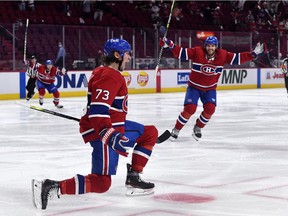 The Canadiens’ Tyler Toffoli celebrates after scoring overtime goal for 3-2 win over the Winnipeg Jets in Game 4 to sweep North Division final June 7 at the Bell Centre.