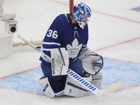 Toronto Maple Leafs goalie Jack Campbell (36) is scored on by a shot from Montreal Canadiens forward Brendan Gallagher in Game 7 of the first round of the 2021 Stanley Cup Playoffs.