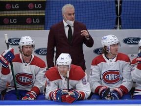 Montreal Canadiens interim head coach Dominique Ducharme watches play against the Toronto Maple Leafs in Game 7 at Scotiabank Arena in Toronto on May 31, 2021.