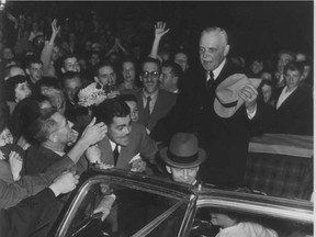 Louis St-Laurent is hailed by supporters after the Liberal Party he led won the federal election on June 27, 1949. St-Laurent was Canada’s 12th prime minister, and only the second to be born in Quebec.