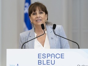 Quebec Culture and Communications Minister Nathalie Roy speaks at a news conference, Thursday, June 10, 2021  in Quebec City. The government announced the creation of an "Espaces Bleus" network to promote Quebec cultural heritage.