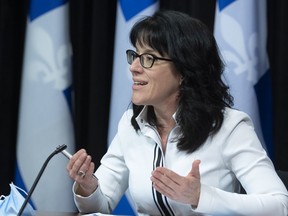 Quebec Treasury Board president Sonia Lebel speaks at a press conference on March 31, 2021.