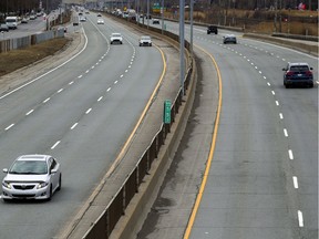 An early pandemic rush hour: traffic is light on the eastbound, left, and westbound Highway 20 through Dorval, west of Montreal Wednesday March 25, 2020 due to the COVID-19 pandemic.