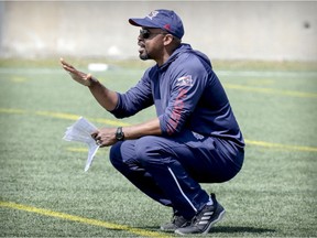 Khari Jones calls a play during Montreal Alouettes training camp practice in Montreal on May 24, 2018.