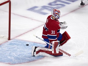 Canadiens goaltender Carey Price reacts to an early goal by Tampa Bay Lightning during Game 3 of the Stanley Cup Final in Montreal on Friday, July 2, 2021.