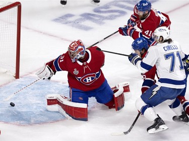 Canadiens goaltender Carey Price makes a save during Game 3 of the Stanley Cup Final against the Tampa Bay Lightning in Montreal on Friday, July 2, 2021.