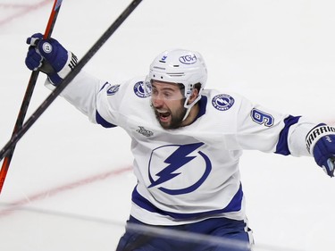 Tampa Bay Lightning's Tyler Johnson celebrates his second-period goal against the Canadiens in Game 3 of the Stanley Cup Final in Montreal on Friday, July 2, 2021.