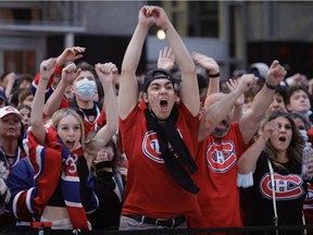 Canadiens fans celebrate first-period goal by Josh Anderson outside the Bell Centre during Game 4 of the Stanley Cup final. on Monday night.