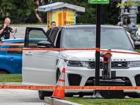 Witnesses heard shots fired at a white Range Rover in a parking lot off of Viola-Desmond St. in LaSalle on Wednesday July 7, 2021.