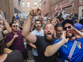 Italy fans in the Little Italy area of Montreal celebrate win over England Euro 2020 final game on Sunday, July 11, 2021.