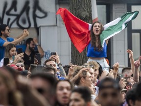 Fans in the Little Italy area of Montreal celebrate Italy's win over England Euro 2020 final game on Sunday, July 11, 2021.