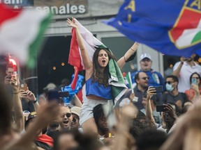 Italy fans in the Little Italy area of Montreal celebrate win over England in the Euro 2020 final on Sunday, July 11, 2021.