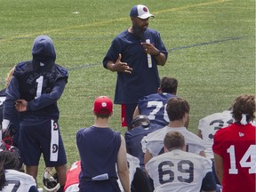 Montreal Alouettes head coach Khari Jones talks at the team's camp Sunday, July 11, 2021 at the team's practice field near the Olympic Stadium in Montreal.
