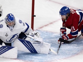 Canadiens centre Eric Staal was unable to get to the puck past Lightning goaltender Andrei Vasilevskiy during Game 4 of the Stanley Cup final in Montreal last week.
