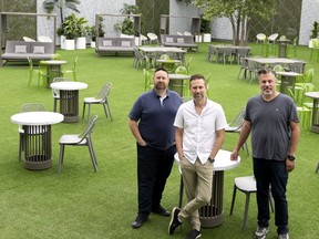 “We can distance people and still create intimacy,” says Lorne Levitt, left, with fellow Jardin Royalmount co-founder Adam Bultz, centre, and designer and partner Charles Kay. “Everyone has their pod, has their area, and they can feel safe in there."