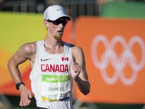 Evan Dunfee competes at the 2016 Olympics in Rio de Janeiro. The Canadian race walker has a good chance at a podium finish this year.