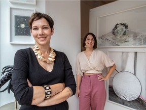 Taking part in the Créer des ponts initiative “is an absolute dream,” says textile artist Tina Struthers, left. She and Isabelle Parson, right, are among the artists who will be displaying work at a Crescent St. location owned by the Montreal Museum of Fine Arts. Overall, 30 vacant retail spaces in 22 buildings will be used for the project.