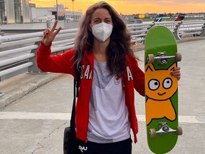 Skateboarder Annie Guglia at the airport in Montreal ahead of her flight to Tokyo for the Olympic Games