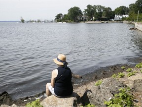 A woman tries to ignore the shoreline that is covered with rotten vegetation along the rocks at Andre-Pilon Park in Pointe-Claire on Saturday. Low water levels have contributed to stinky smells along the waterfront on Lake St. Louis.