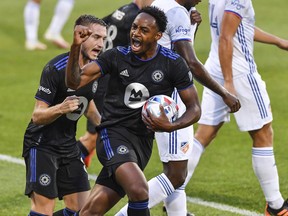 CF Montréal's Mason Toye celebrates his goal in the first half against FC Cincinnati during the MLS game at Saputo Stadium on Saturday, July 17, 2021, in Montreal.