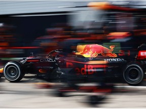 Max Verstappen of the Netherlands driving the (33) Red Bull Racing RB16B Honda makes a pitstop during the F1 Grand Prix of Austria at Red Bull Ring on  Sunday, July 4, 2021, in Spielberg, Austria.