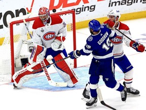 The Montreal Canadiens' Carey Price makes the save against Barclay Goodrow of the Tampa Bay Lightning during Game 5 of the 2021 NHL Stanley Cup Final.