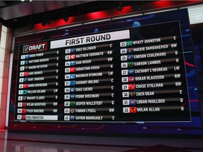 SECAUCUS, NEW JERSEY - JULY 23: A general view of the draft board from the first round of the 2021 NHL Entry Draft at the NHL Network studios on July 23, 2021 in Secaucus, New Jersey.