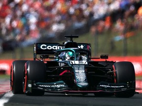 Lance Stroll of Montreal driving the (18) Aston Martin AMR21 Mercedes during qualifying ahead of the F1 Grand Prix of Hungary at Hungaroring on Saturday, July 31, 2021, in Budapest.