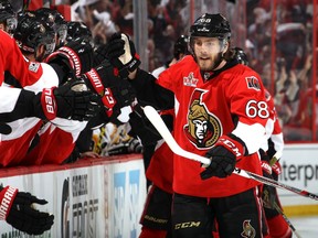Mike Hoffman celebrates with Ottawa Senators teammates after scoring goal during Game 6 of Eastern Conference final against the Pittsburgh Penguins on May 23, 2017.