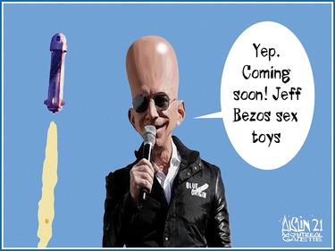 The editorial cartoon for July 22, 2021, sees Aislin weighing in on Jeff Bezos's trip to space — and his rather phallic rocket.