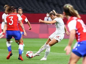 Janine Beckie of Canada scores against Chile at the Tokyo 2020 Olympics at the Sapporo Dome in Sapporo, Japan, on July 24, 20201.