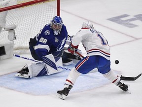Lightning goaltender Andrei Vasilevskiy shuts down a chance by Canadiens spark plug Brendan Gallagher during Game 2 of the Stanley Cup final Wednesday night in Tampa.