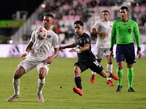 Inter Miami CF defender Kieran Gibbs (3) plays the ball in front of CF Montréal midfielder Joaquin Torres (18) during the first half at DRV PNK Stadium in Fort Lauderdale, Fla., on Saturday, July 31, 2021.