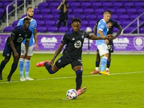 CF Montréal striker Mason Toye scores on a penalty kick against New York City FC this month. "I'm excited to play some games and score in front of these awesome fans," Toye says about the team's return to Saputo Stadium.