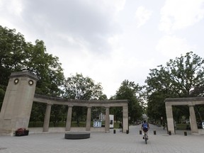 The Roddick Gates at McGill University campus in Montreal, on Friday, July 23, 2021. A group of McGill law professors is urging the university to adopt a COVID-19 proof of vaccination requirement for on-campus classes and activities or face possible lawsuits for discrimination.