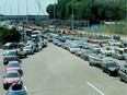 Wait times at the Canada-U.S. border at Lansdowne, Ont., fluctuated between one and three hours on Monday, Aug. 9, 2021.