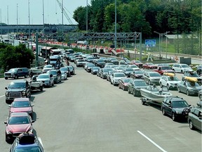 Wait times at the Canada-U.S. border at Lansdowne, Ont., fluctuated between one and three hours on Monday, Aug. 9, 2021.