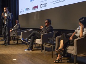 Montreal mayoral candidates Balarama Holness, from left to right, Marc-Antoine Desjardins, Denis Coderre, and Valérie Plante, take part in a discussion with yougn voters on Wednesday evening.