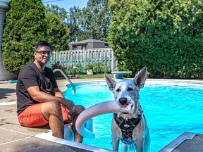 Swimply is an online marketplace that allows homeowners to rent out their backyard pools like Airbnb allows people to rent out their rooms. Surinder Chugh and his white German shepherd, Paco, at poolside at his Beaconsfield home.