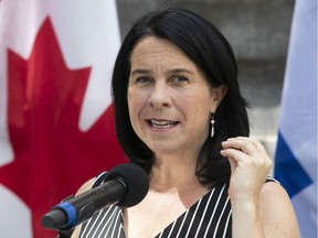 Montreal Mayor Valérie Plante at a press conference on Aug. 24, 2021, to present the city's demands for the federal election.
