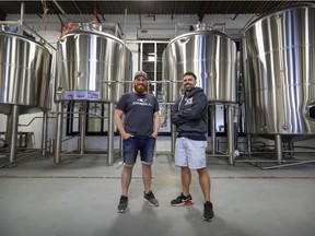 Business partners Keegan Kelertas, left, and Benjamin Somers in the under-construction brewery at the 4 Origines location they are opening in Dorval.