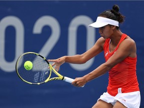 Leylah Annie Fernandez of Team Canada plays a backhand during her Women's Singles Second Round match against Barbora Krejcikova of Team Czech Republic on Day 3 of the Tokyo 2020 Olympic Games at Ariake Tennis Park on July 26, 2021, in Tokyo.