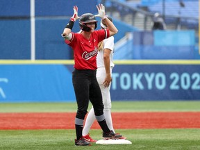 Victoria Hayward #8 of Team Canada celebrates after opening the bottom of the third inning with a double to right field during the women's bronze medal softball game between Team Mexico and Team Canada on day four of the Tokyo 2020 Olympic Games at Yokohama Baseball Stadium on July 27, 2021.