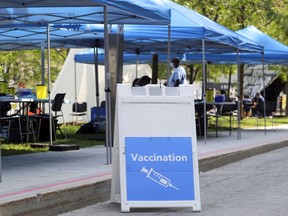 A sign at the mobile vaccination clinic in Place des Festivals in Montreal on Aug. 8, 2021.